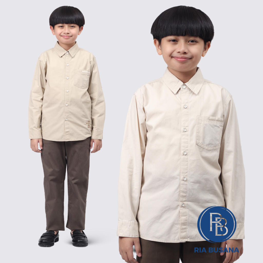 Ria Busana - Uis - Kemeja Kerah Anak Pria Lengan Panjang Polos Ribstop Saku Art. UKKP05201BN.UKKP033