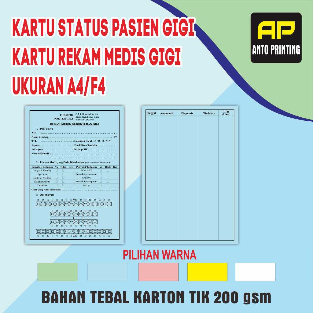 CETAK PRINT KARTU STATUS PASIEN KARTU REKAM MEDIS GIGI UKURAN A4 F4