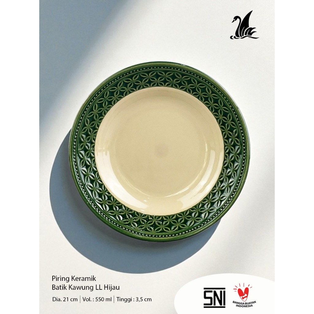 Piring Keramik Batik Kawung LL Hijau-Piring Makan Motif Batik 8 Inci-Piring Makan Cantik Motif Batik