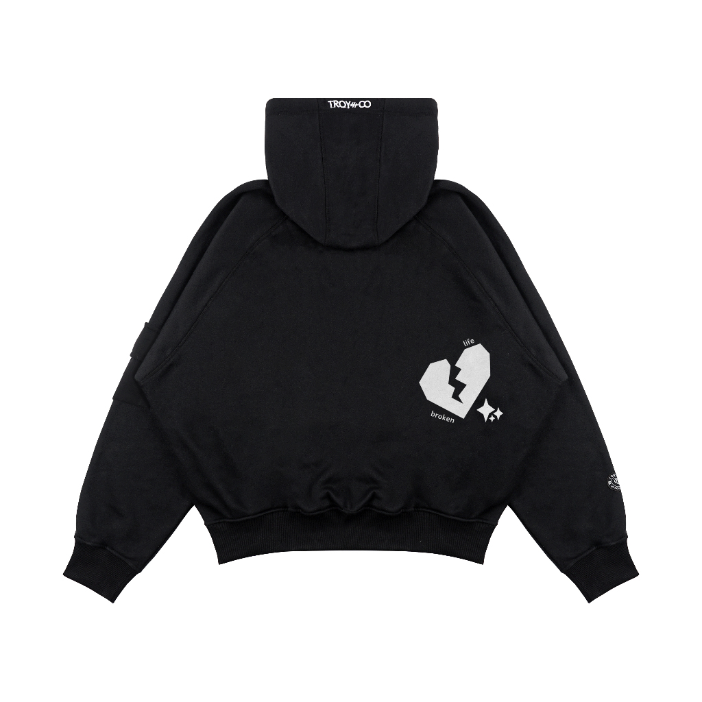 Troy Company Boxy Arm Pocket Hoodie Broken Life - Hoodie Boxy Hitam BAPH 3429