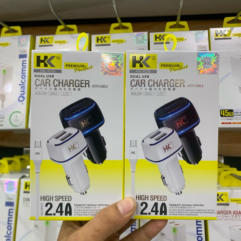 HK Car Charger Fast Charging HK-K09 Original Batok Charger Mobil 2USB LED USB Micro & Type-ac