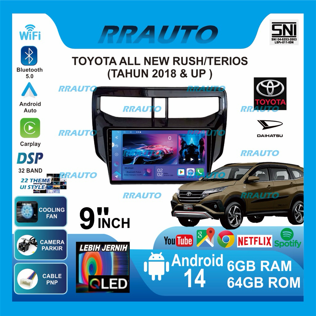 Headunit All New Rush Terios 2018-2023 | 6+64gb RAM ROM,QLED,Android 14,Apple Carplay,AndroidAuto Wi