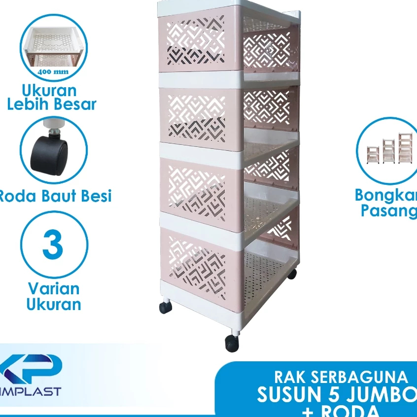 Rak Serbaguna Susun 5 Jumbo + Roda/ Rak Serbaguna Plastik/ Rak Susun 40 X 30 X 105 cm