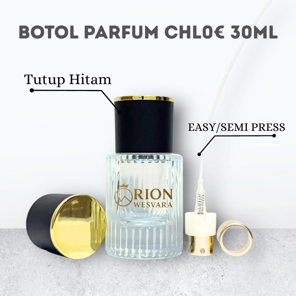 Botol Parfum Chlo 30ML Tutup Hitam Botol Kaca Model Sangkar Elegan, Botol Parfum Kaca Kosong 30ML