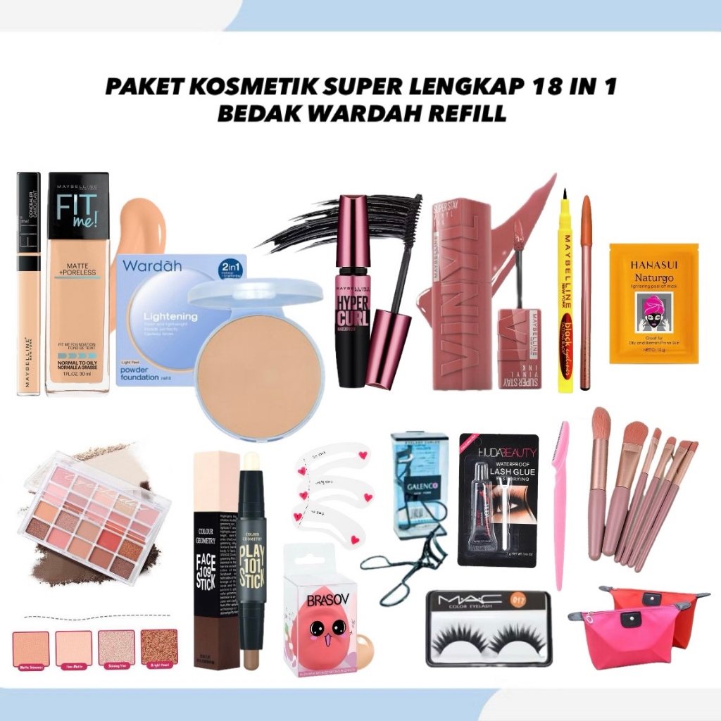 Paket Kosmetik Super Lengkap 18 IN 1 Bedak Wardah Refill - Paket Kosmetik Hemat Bedak Refill Wardah 