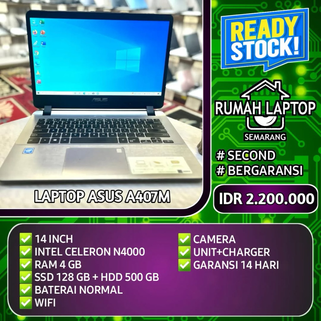 Laptop Asus A407M (second). Intel Celeron N4000. RAM 4 GB. SSD 128 GB + HDD 500 GB