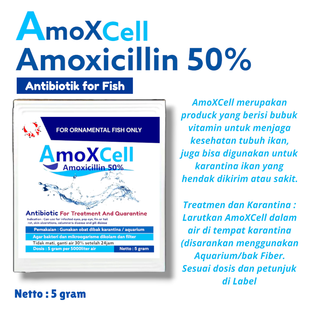 Amoxcell 5gr Antibiotik Ikan Hias untuk Ikan Sakit Dan Karantina koki koi