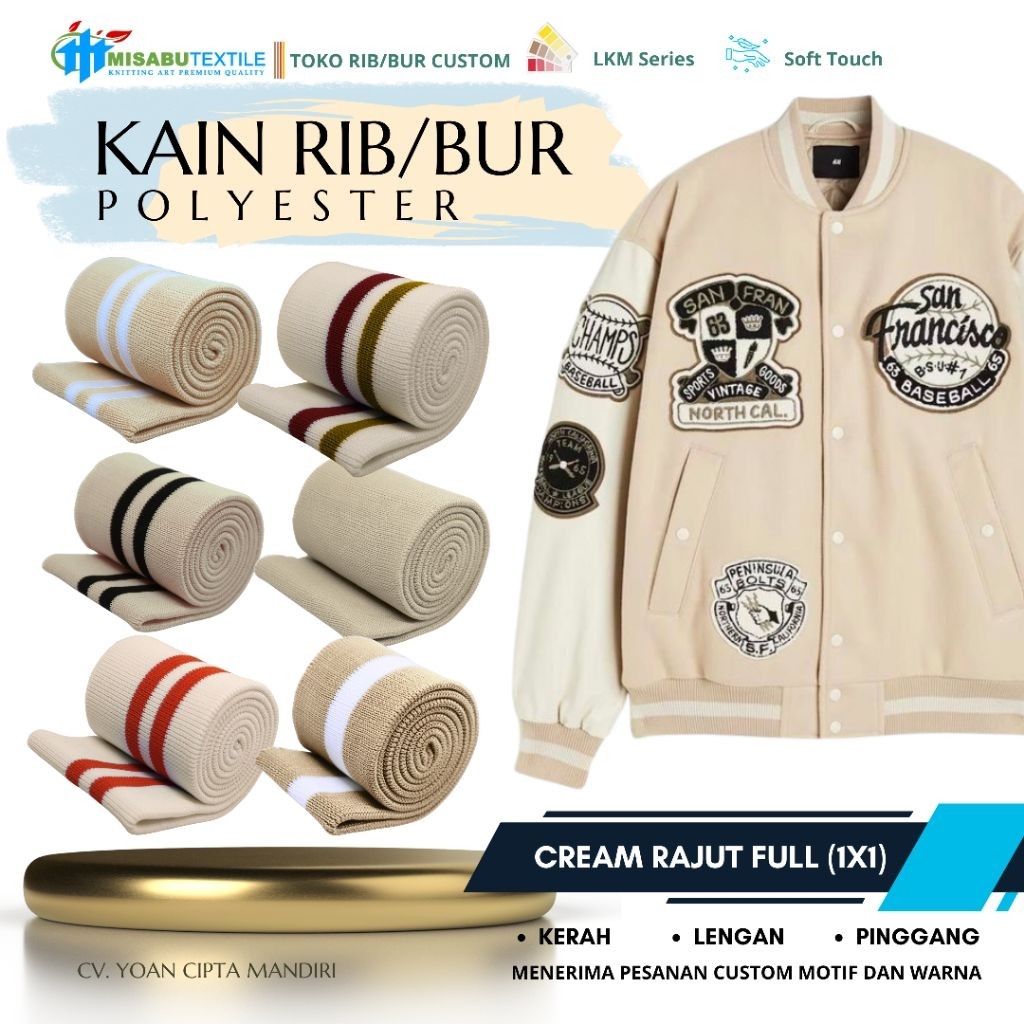 Kain rib/bur jaket polyester jogger hoodie premium beige krem salur strip putih