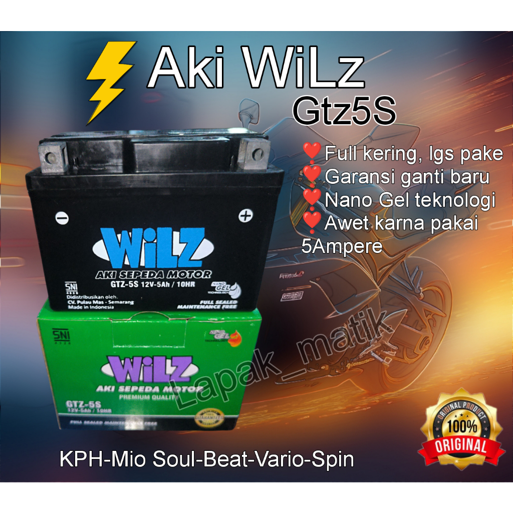Aki Wilz GTZ5S-MF Honda Beat, Mio J Soul, Spin, karisma 5 Ah Aki Racing Wilz