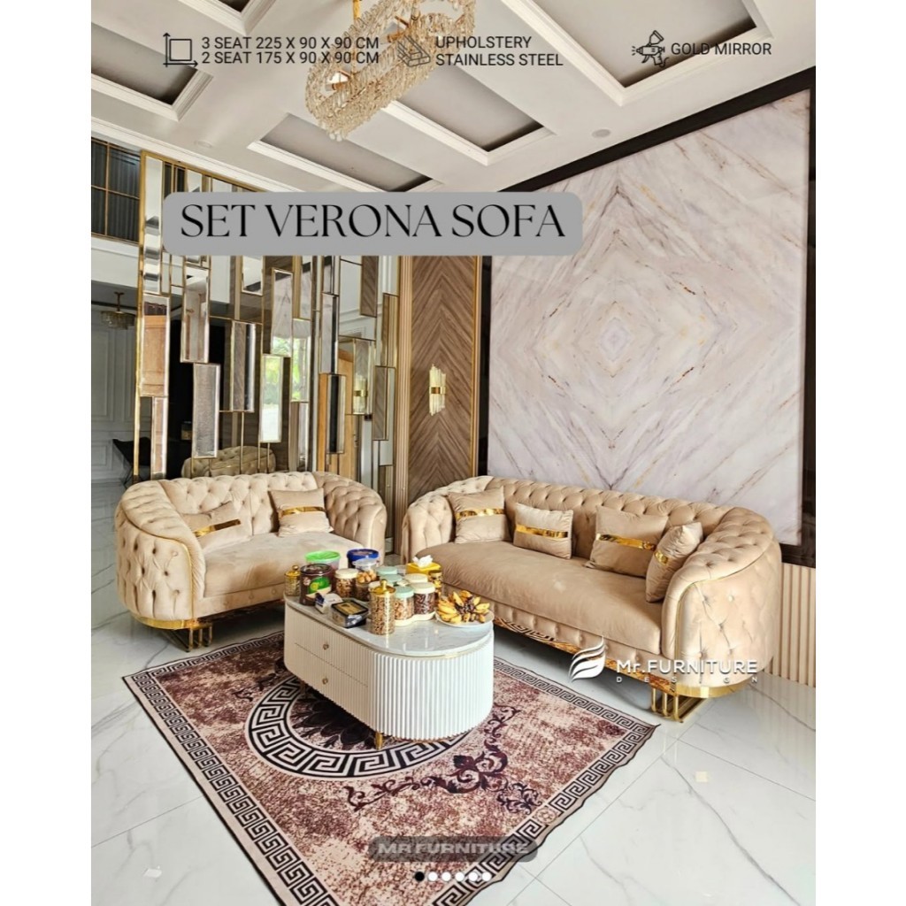 set sofa verona 3-2-1 dan meja tamu oval salur laci 2 top marmer putih carrara 120x60x45 cm