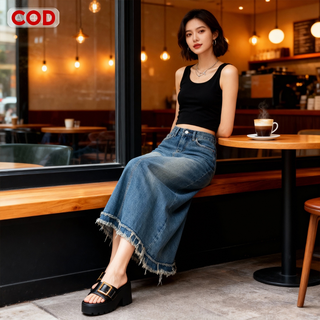 YooYoo Rok Denim Panjang Wanita model vintage / Rok Jeans Wanita / Rok Jeans Retro / High Waist Jean