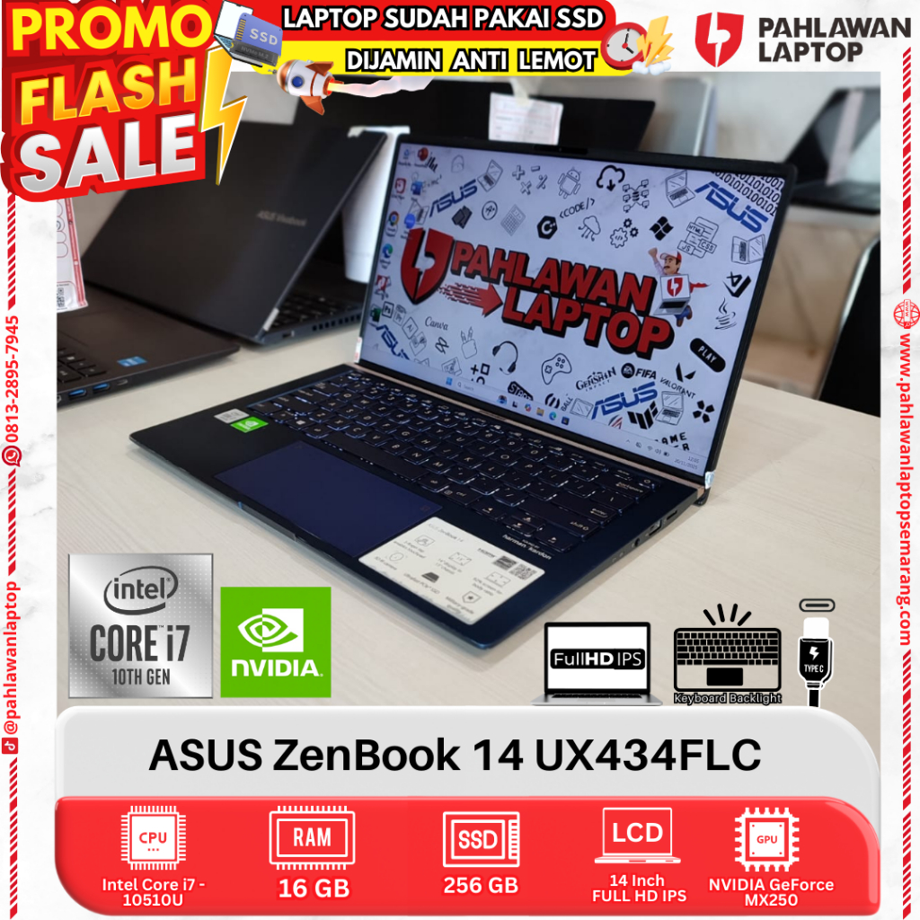 LAPTOP ASUS ZenBook 14 UX434FLC CORE i7 GEN 10 RAM 16GB SSD 256GB DUAL VGA