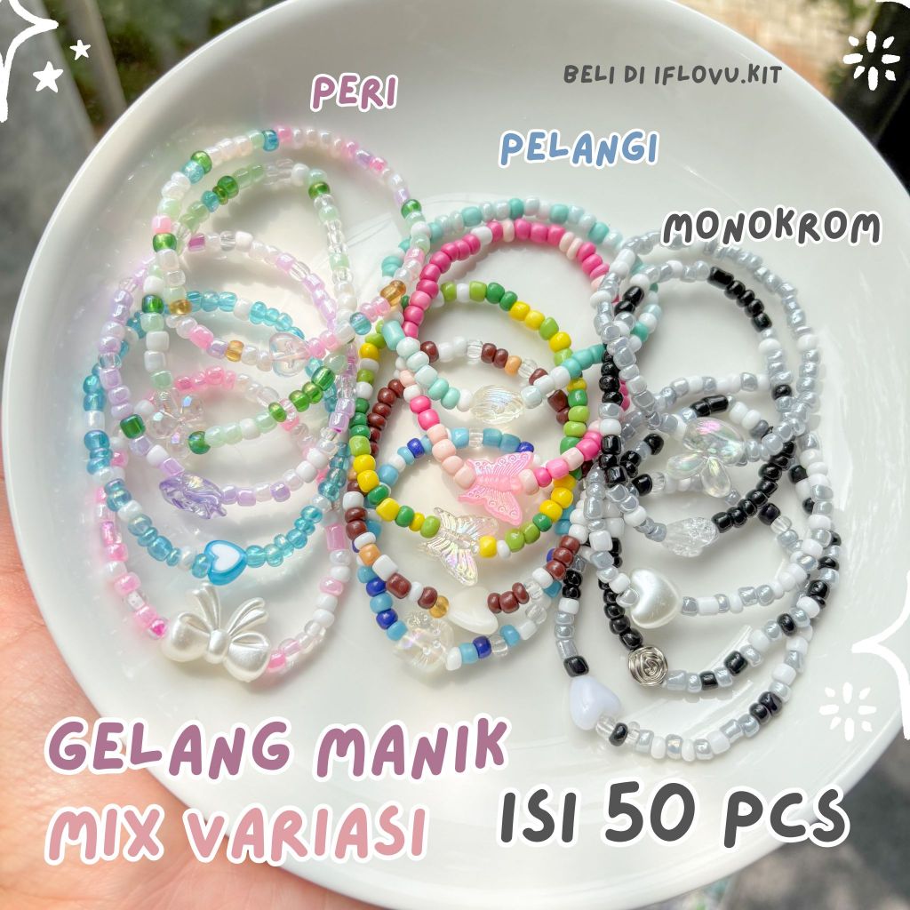 Isi 50 Gelang Manik Variasi Mix ( Gelang Peri Pelangi Monokrom) | Gelang Manik Elastis