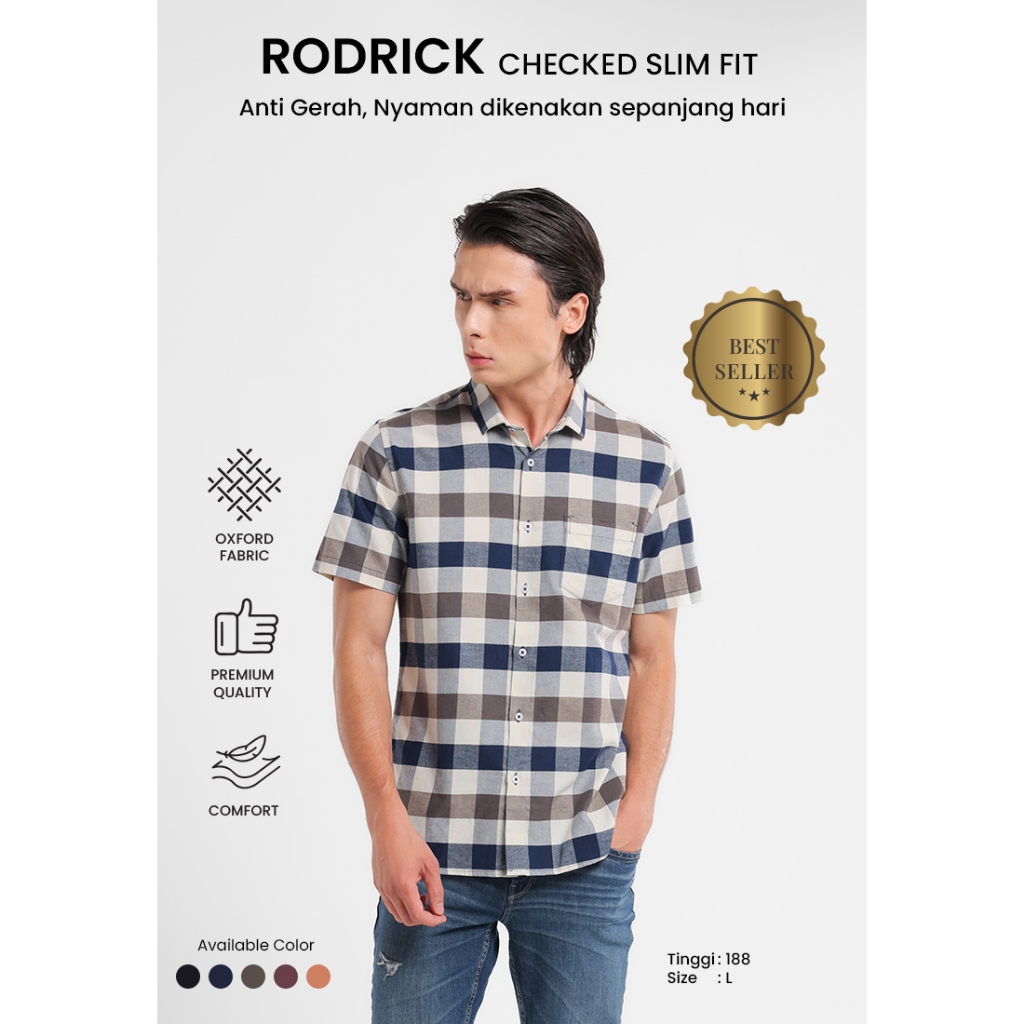 MANZONE - Kemeja Oxford Lengan Pendek Pria Rodrick 03 Slim Fit -Navy