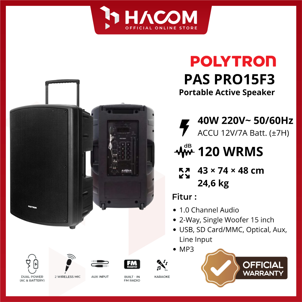 POLYTRON PASPRO 15F3 SPEAKER AKTIF PASPRO15F3 / PAS PRO 15F3 Garansi Resmi Polytron