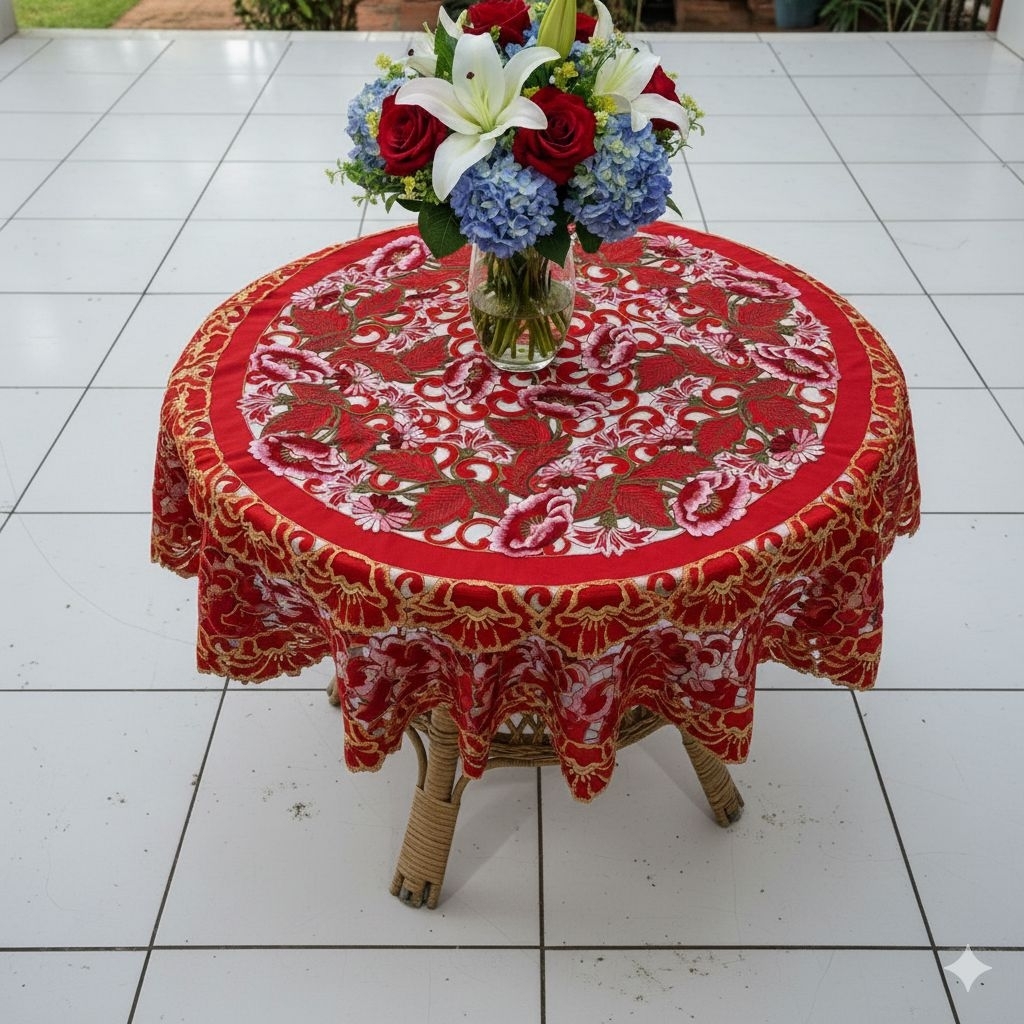 Taplak meja tamu bulat bordir / taplak meja teras bulat vintage