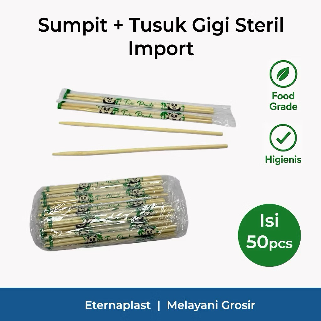 Sumpit Bambu 1 pack Isi 50 pcs + Tusuk Gigi Steril | Sumpit Makan Sekali Pakai