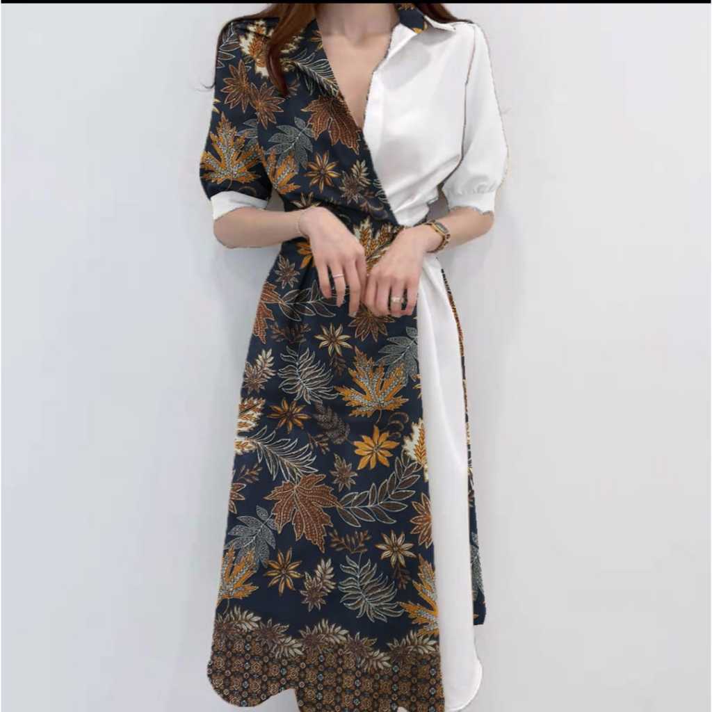 { THABI } DRES ARMATIK BAJU DRES BATIK KOMBINASI POLOS DRES REMAJA KOREA BAJU TERUSAN WANITA KONDANG