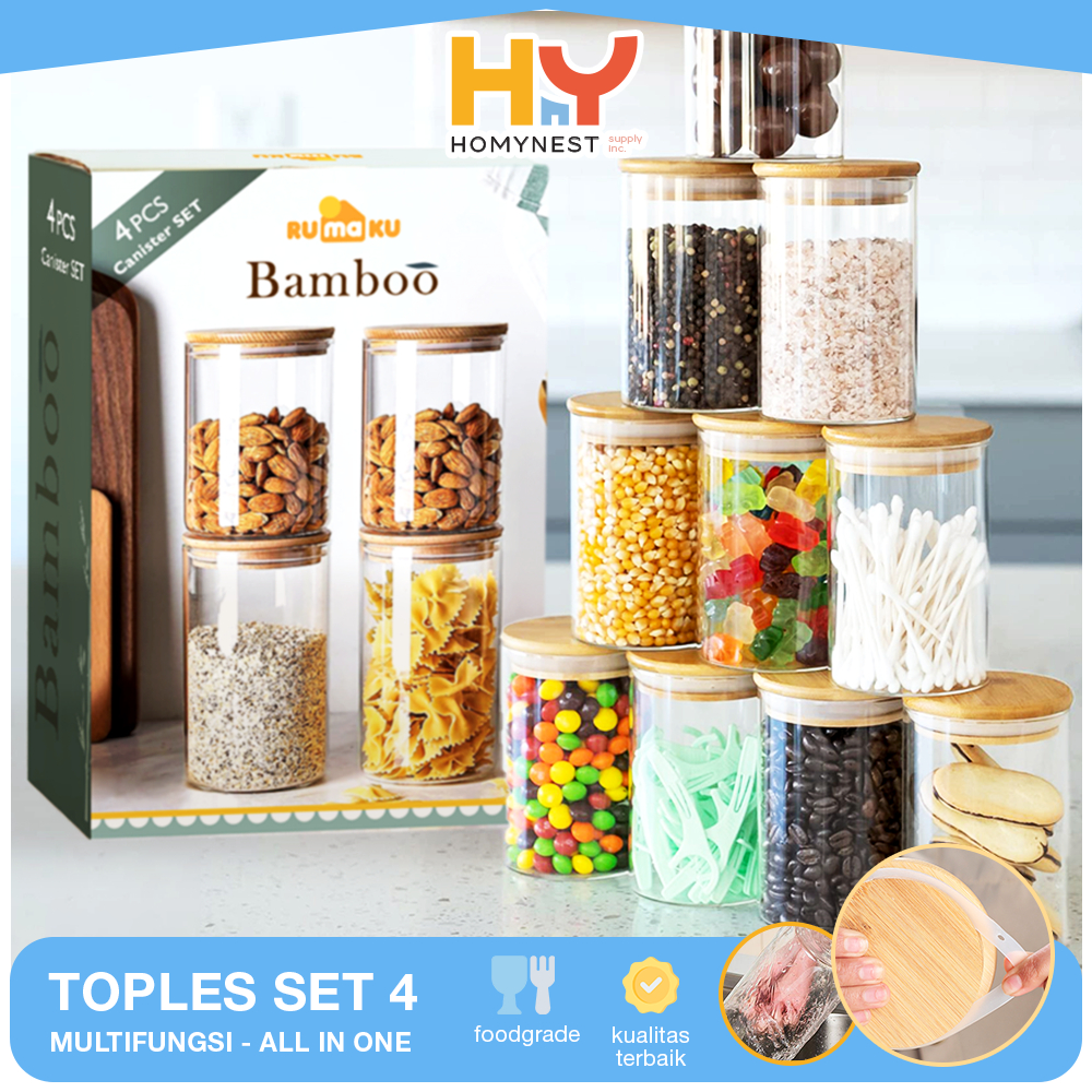 HOMYNEST Toples Tempat Penyimpanan Bumbu Dapur Bahan Kaca 1 Set Lengkap Isi 4 Pcs