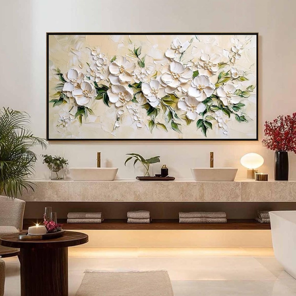 Lukisan dinding abstrak tekstur minimalis bunga putih untuk hiasan dinding rumah