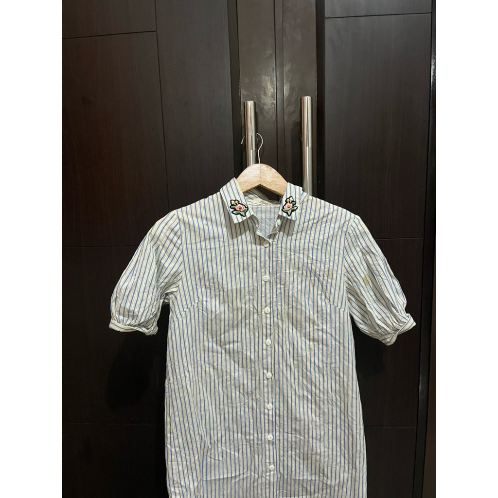 kemeja tunik salur biru putih aike bordir bunga