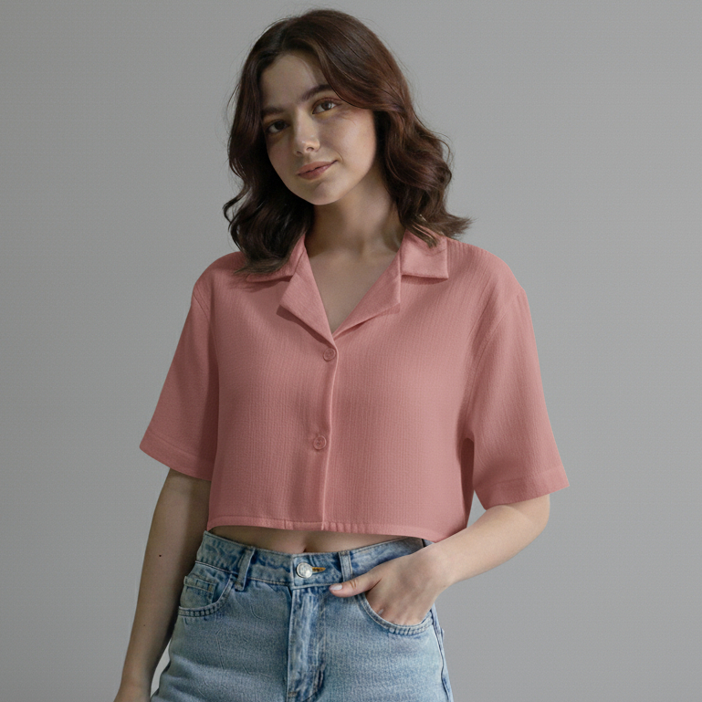 Kemeja Crop Top Wanita Korean Style V-Neck