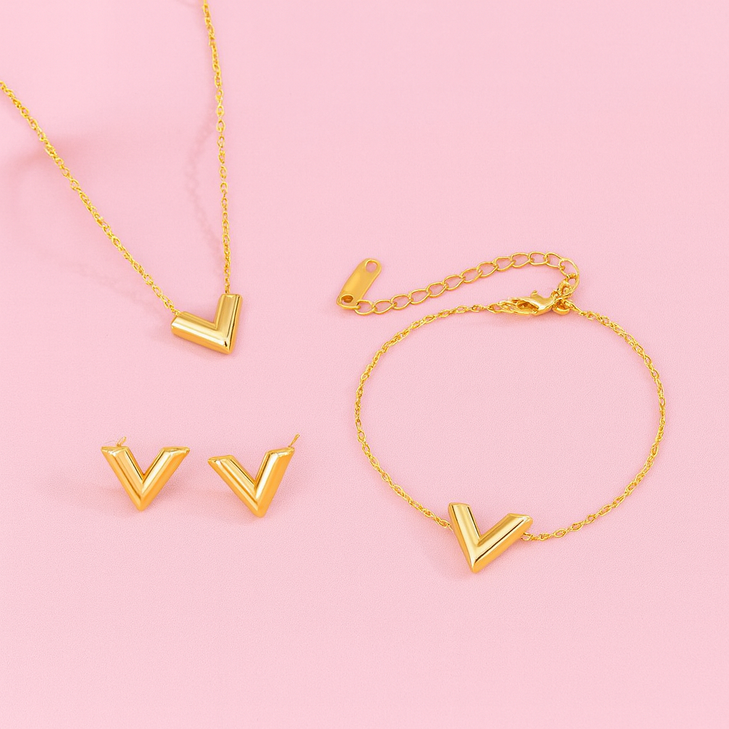 JOY JEWELRY - Kalung Gelang Anting Set Titanium Wanita Huruf V Anti Karat & Tidak Alergi | K49