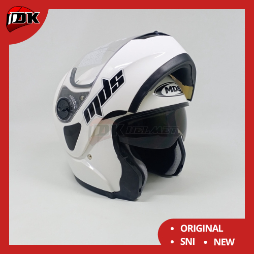 HELM MDS PRO RIDER SOLID WHITE GLOSSY MODULAR FULL FACE PUTIH ORIGINAL FLIP UP DOUBLE VISOR
