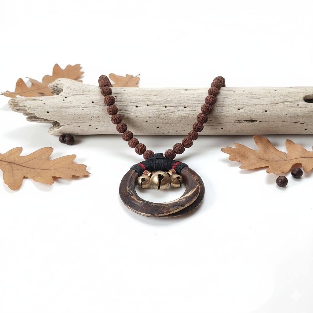 Kalung Taring Babi Melingkar Mati Ngurak Imitasi & Lonceng