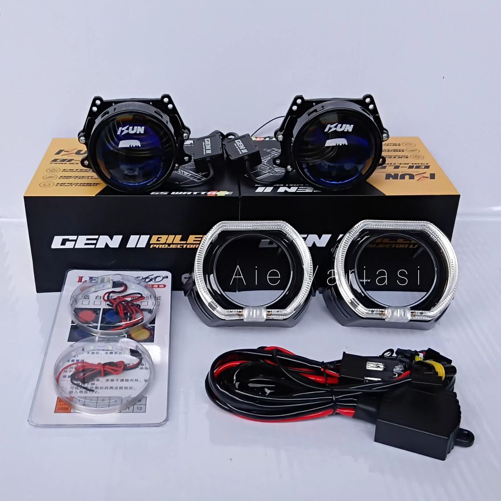 PAKET KOMPLIT HEADLAMP PROJECTOR BILED 2,5 INCH 3 INCH ISUN GEN 2 SEPASANG