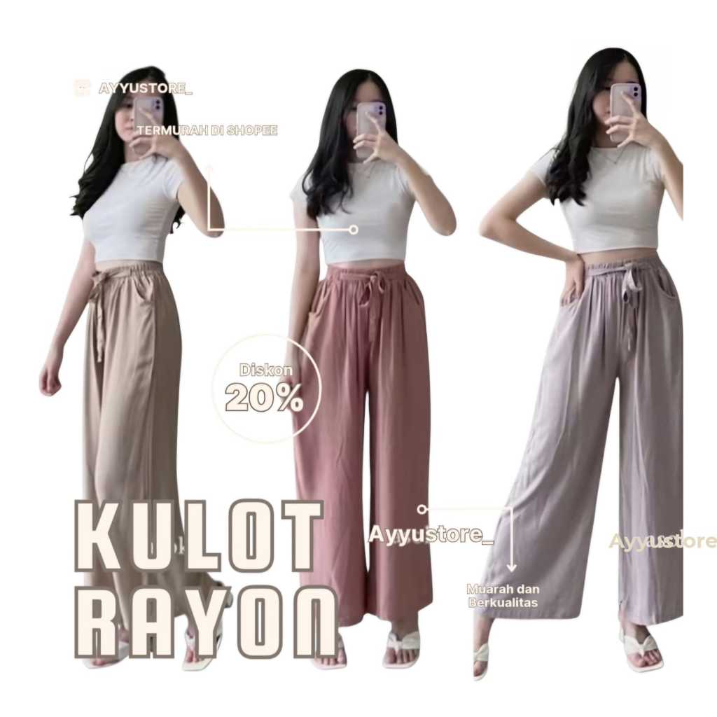 Celana Wanita - Kulot Rayon - Polos - Premium Tebal -  Panjang - Highwaist - Hommy - Loose Pants - T