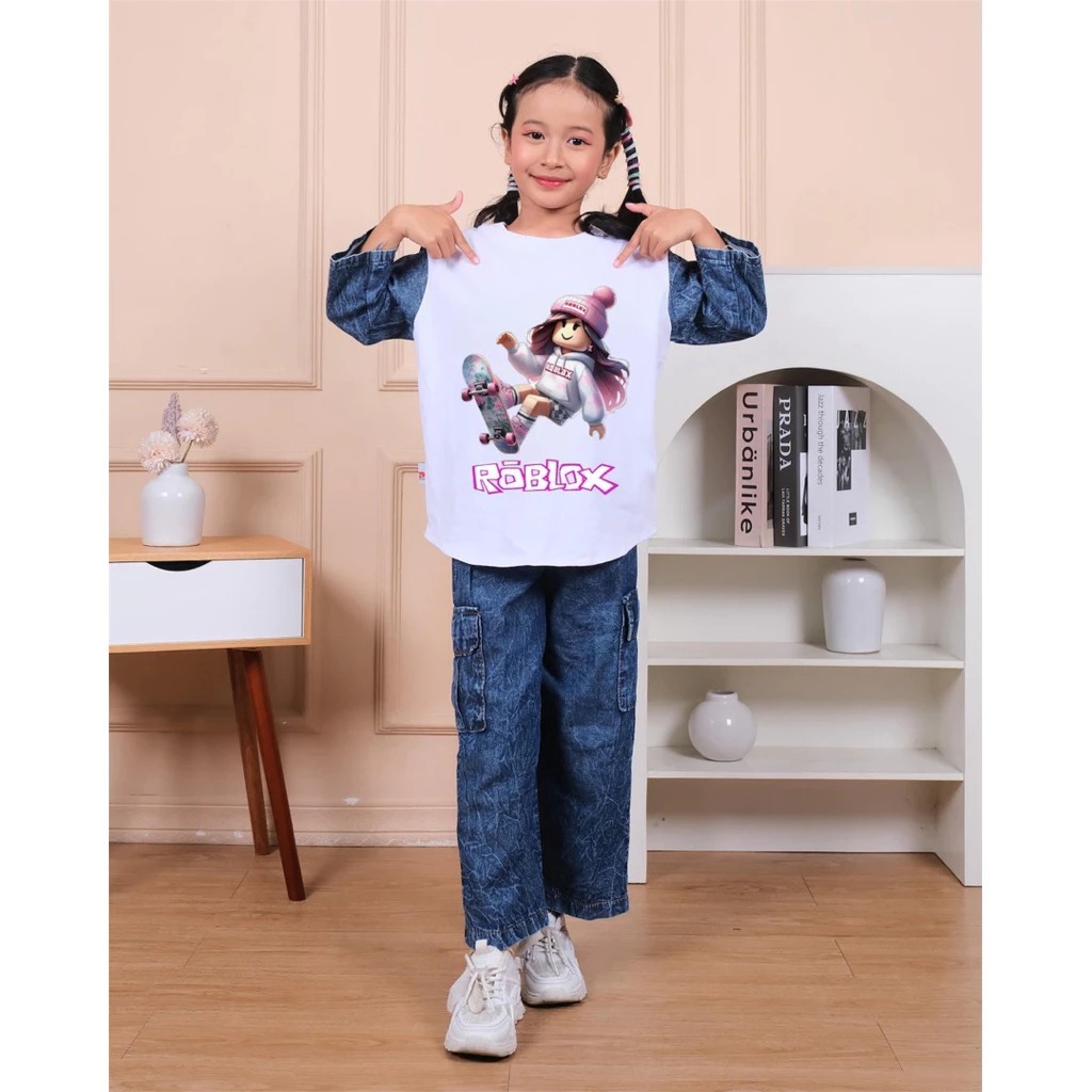 (Gratis Ongkir) Setelan Baju anak perempuan Baju Gambar Roblox Celana Levis Cargo 3 tahun - 14 tahun