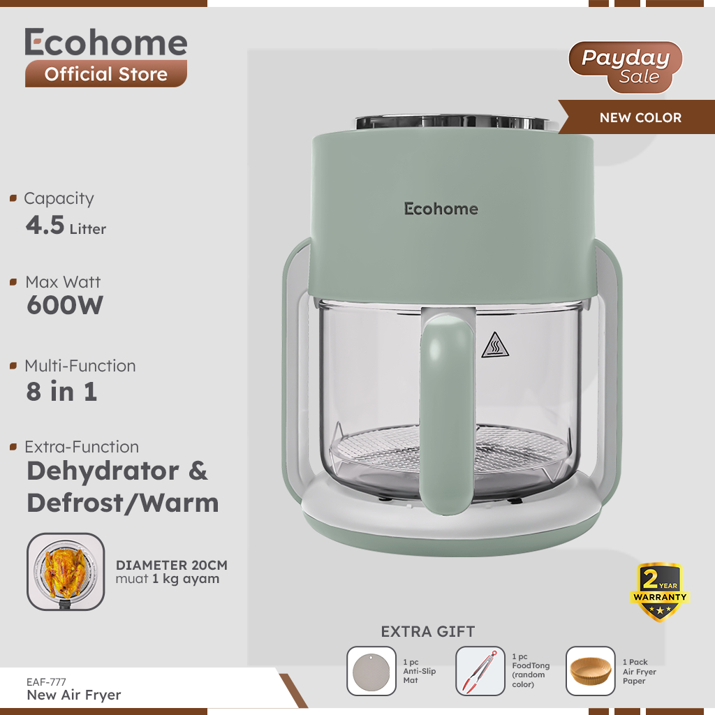ECOHOME Air Fryer & Dehydrator 8 in 1 Function EAF777 4.5L Capacity with Panoramic Glass 360° View