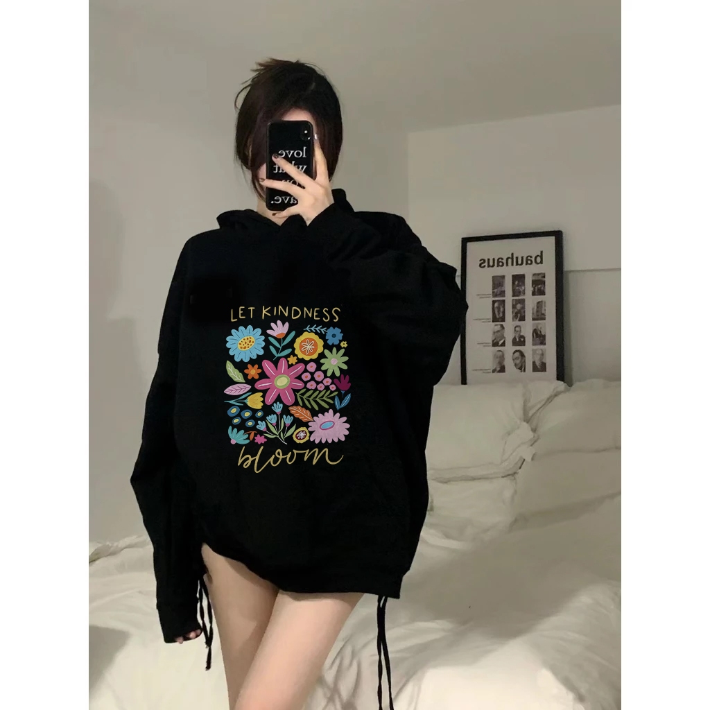 MONSEUR Hoodie lengan panjang wanita gaya Korea dengan corak bunga berwarna-warni/Sweater Korea Leng