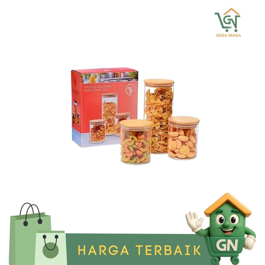 Toples Set Kaca Tutup Kayu Isi 3 PCS