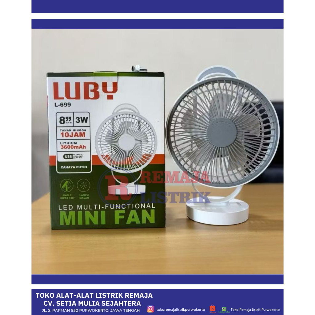 Kipas Angin Meja Portable 8 inch 3W LED USB Type C Luby L-699