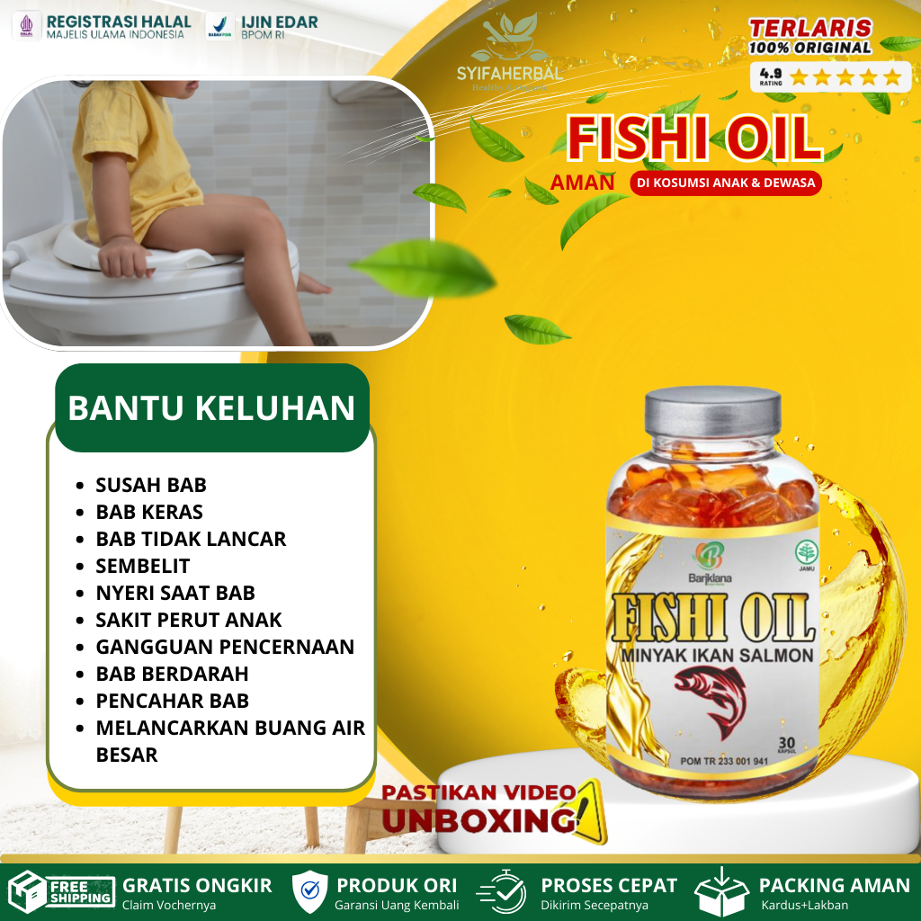 FISHI OIL OBAT PELANCAR BAB ANAK, SUSAH BAB ANAK, BAB KERAS, BAB TIDAK LANCAR, SEMBELIT, MELANCARKAN