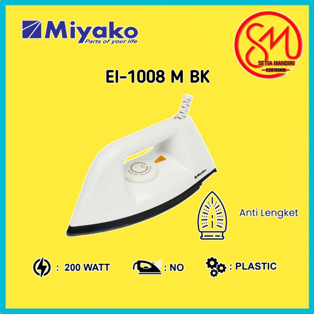 Setrika Miyako 395 Watt Gosokan Anti lengket EI1008MBK - MBL - MPL