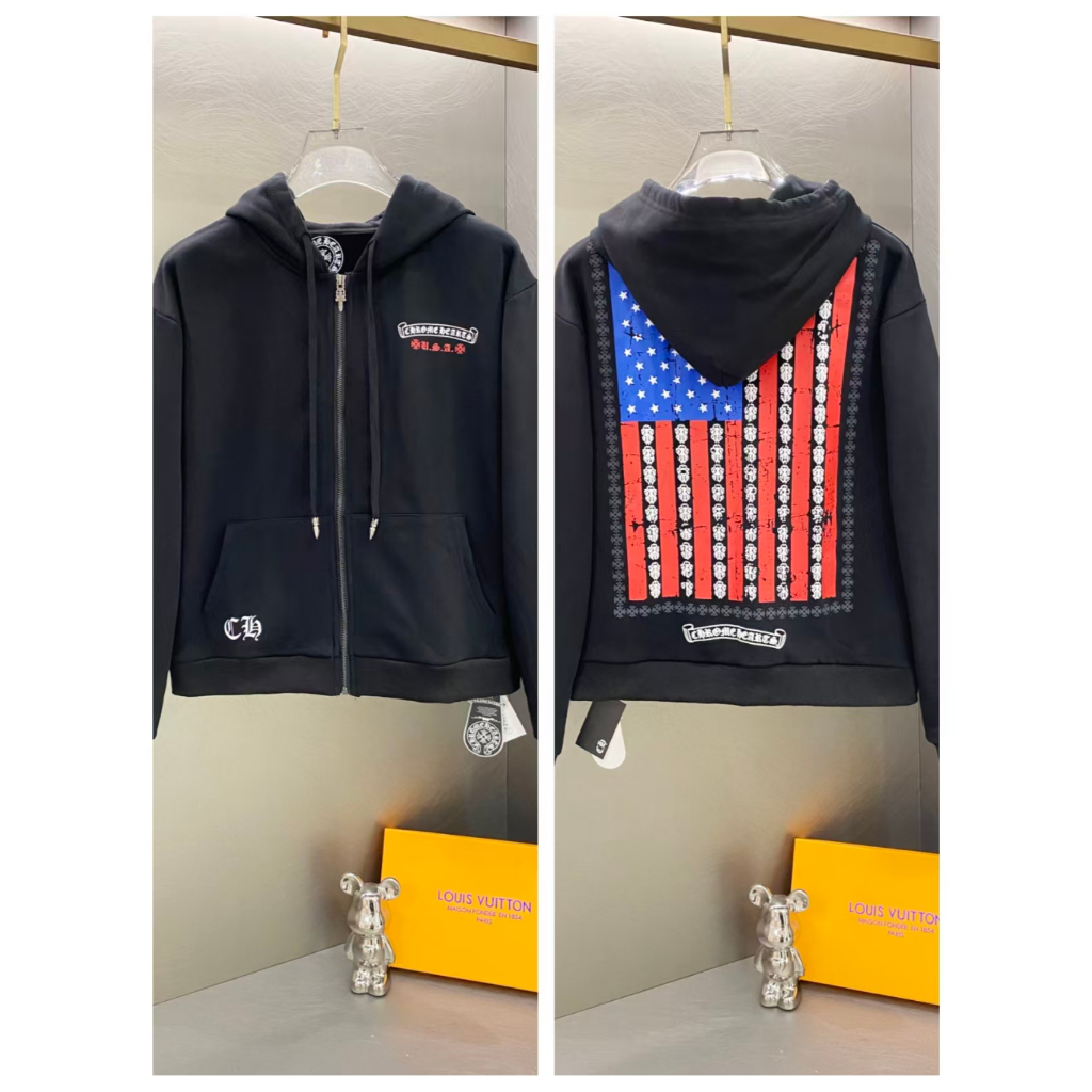 Chrome Hearts 25ss Horseshoe Sanskrit Flag Foam Print Zipper Hooded Sweatshirt Jacket
