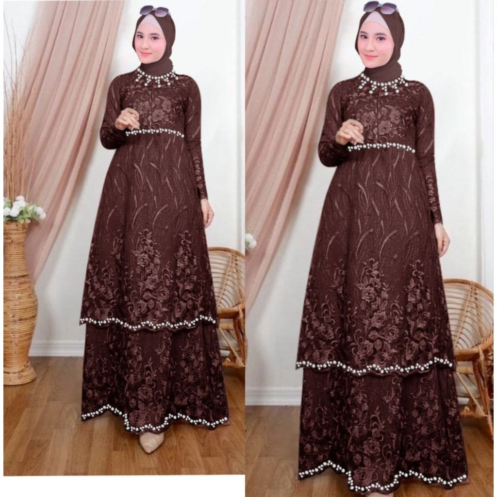 Gamis Brokat mewah mutiara simple elegan pesta kondangan pernikahan jumbo Citra