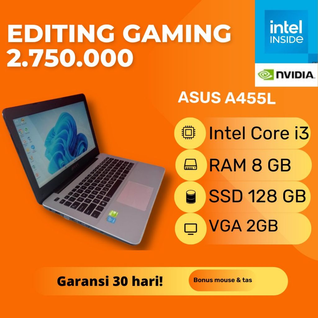 Laptop Asus A455L Intel i3 5005U Nvidia GeForce 930M 2GB SSD RAM 8GB Gaming Second Bekas
