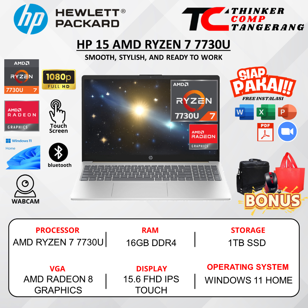 Hp 15 Amd Ryzen 7 7730U 32GB 1TB 15.6 FHD IPS Touchscreen Win11Home