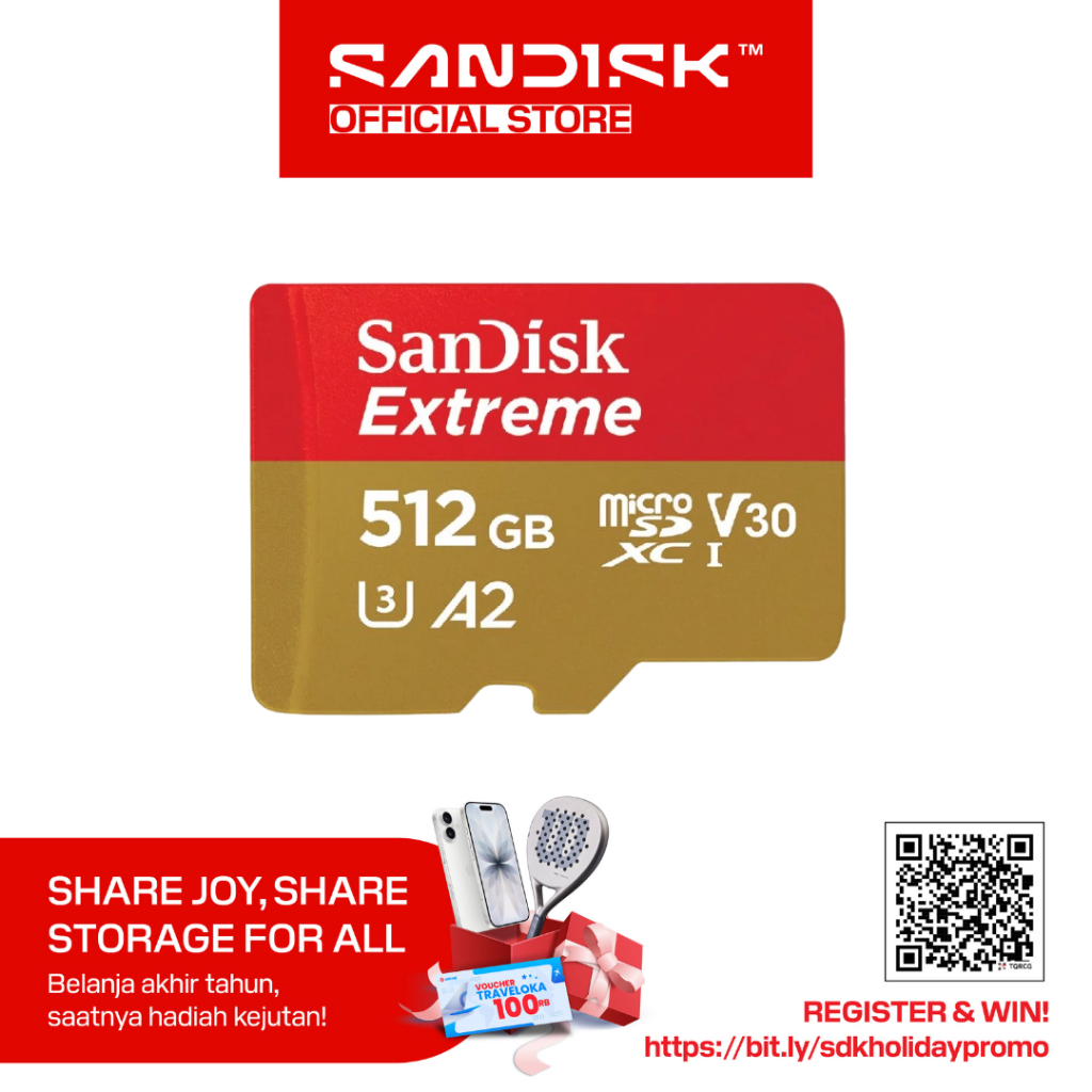 SanDisk microSDXC Extreme 512GB Class 10 UHS-I A2 V30 U3 4K UHD Drone (Up to 190MB/s)