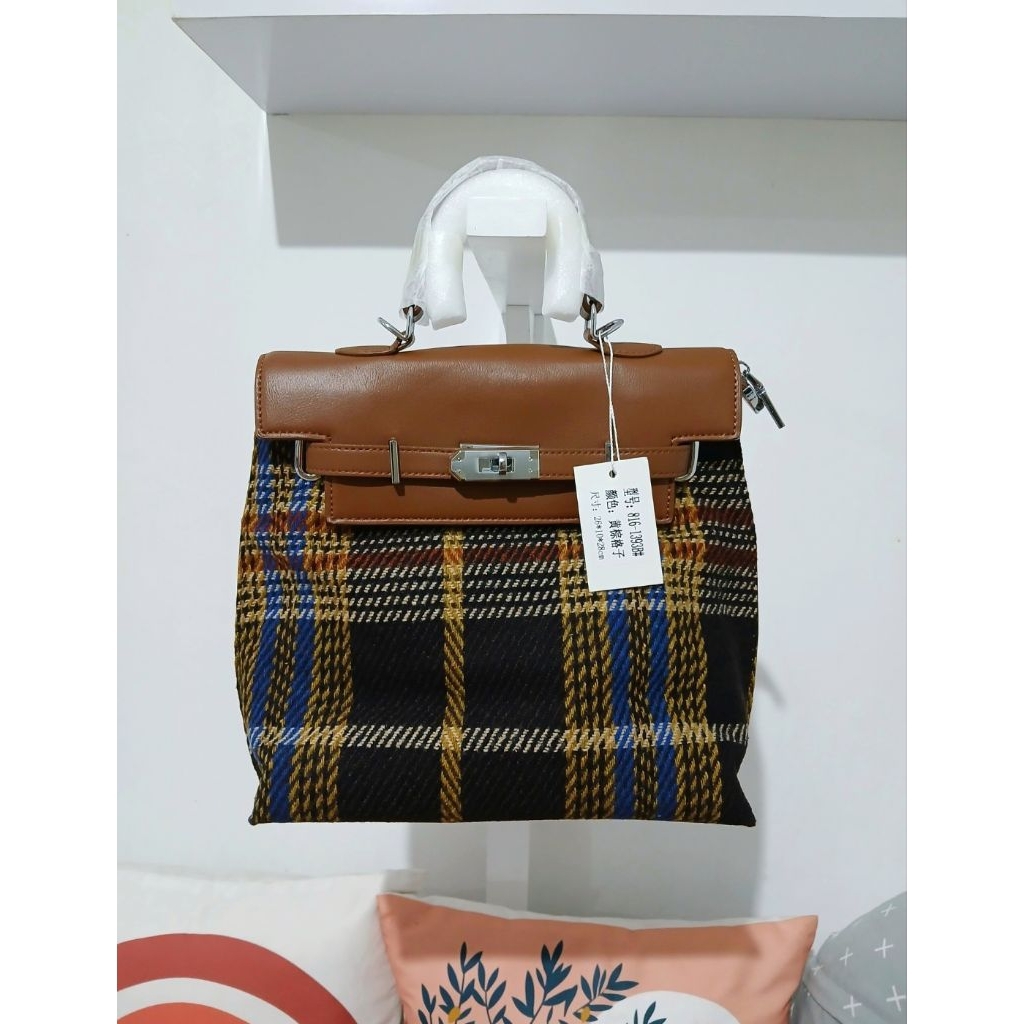 NEW TAS RANSEL / SELEMPANG WANITA KOTAK COKLAT KULIT MIX FLANEL