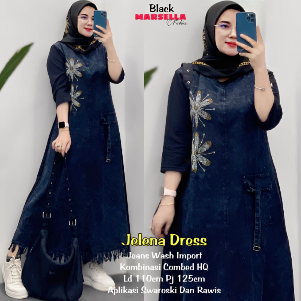 DRESS MIDI JEANS WASH IMPORT/MIDI DRESS DENIM CASUAL WANITA ELEGAN/JELENA GAMIS MOTIF BUNGA LD 110 C