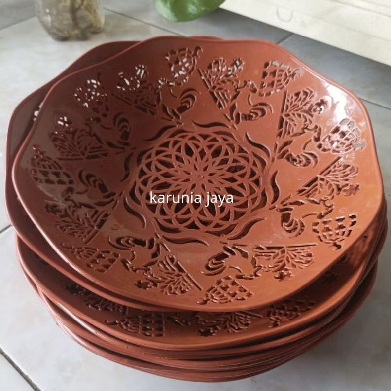 12 PCS PIRING ROTAN plastik 22cm motif bunga piring cantik makan anyaman bahan plastik 9 inchi