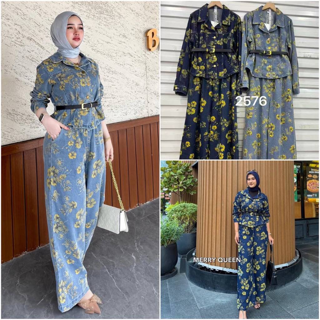 TATAOS BANGKOK BY VIVORIE JR SET SETELAN KEMEJA & CELANA KULOT BUNGA TAG LABEL SOFT JEANS IMPORT FRE