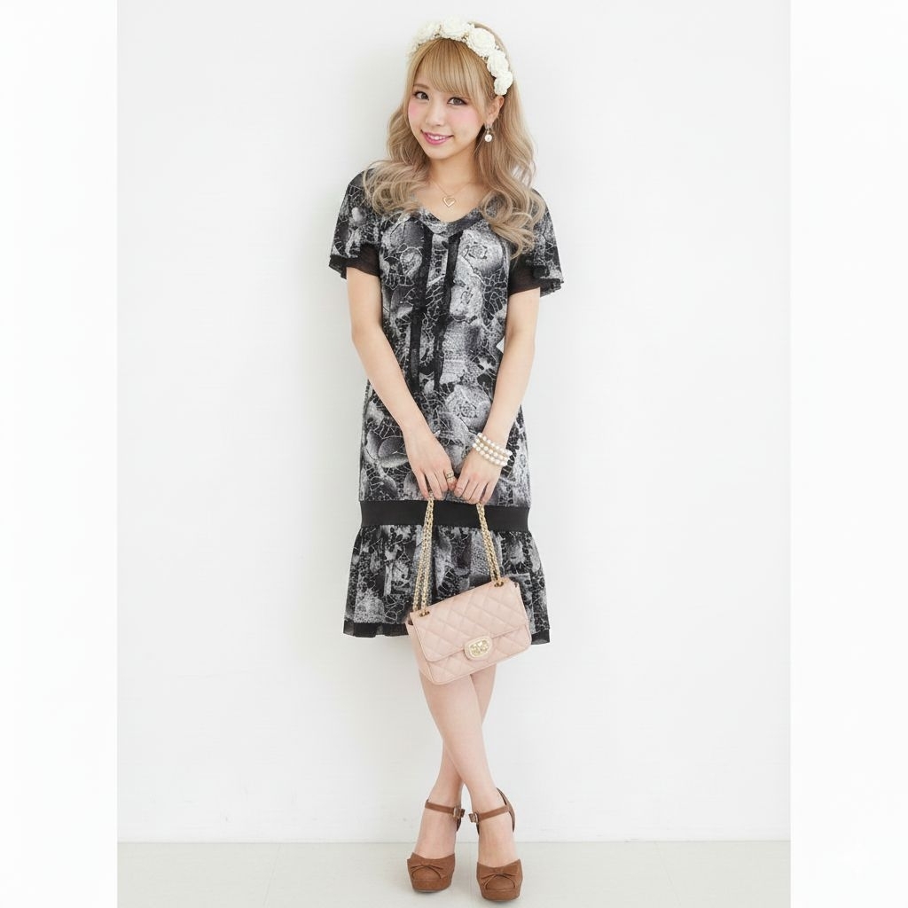 coquette midi dress/ midi dress Dress Gyaru/himekaji/gothic/hallowen motif Hitam Putih dengan Ruffle