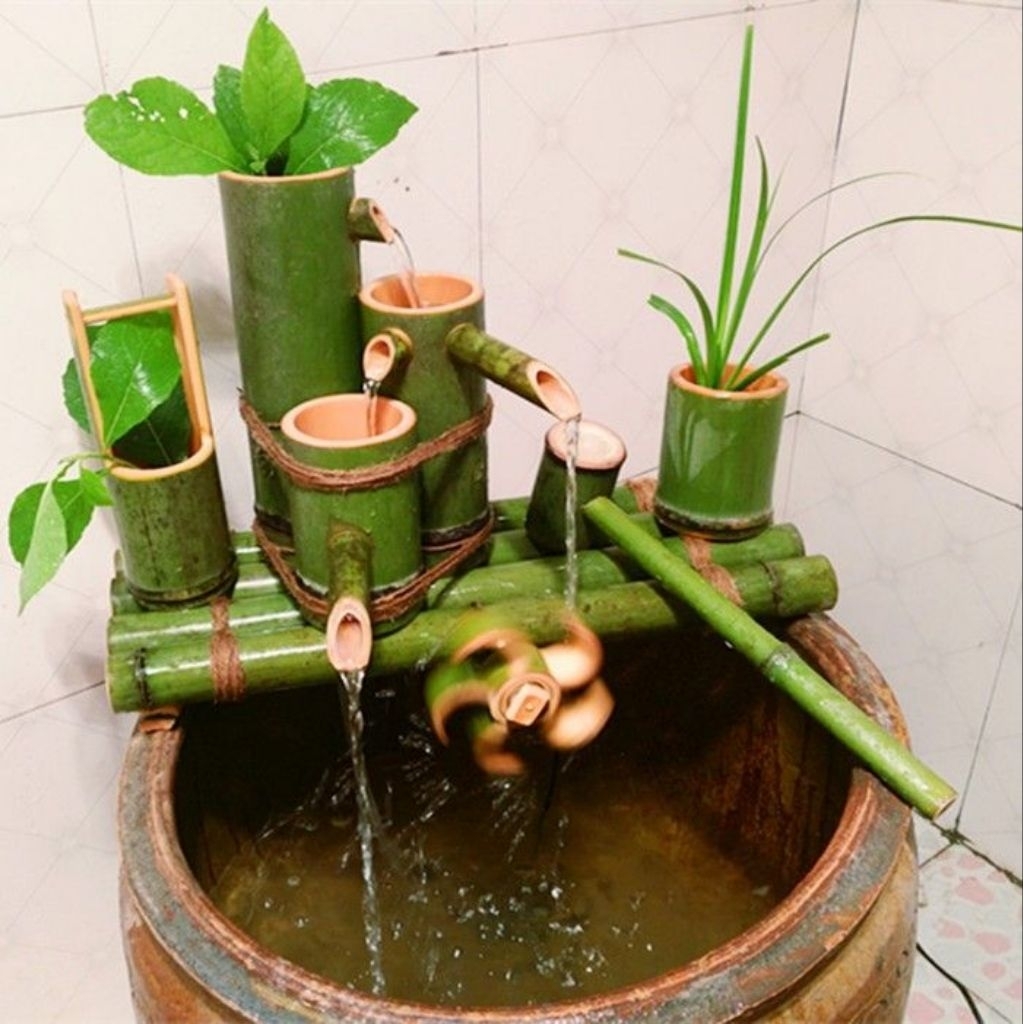 dekorasi kincir air, air mancur, aquarium bambu hijaw asli, 4 arus