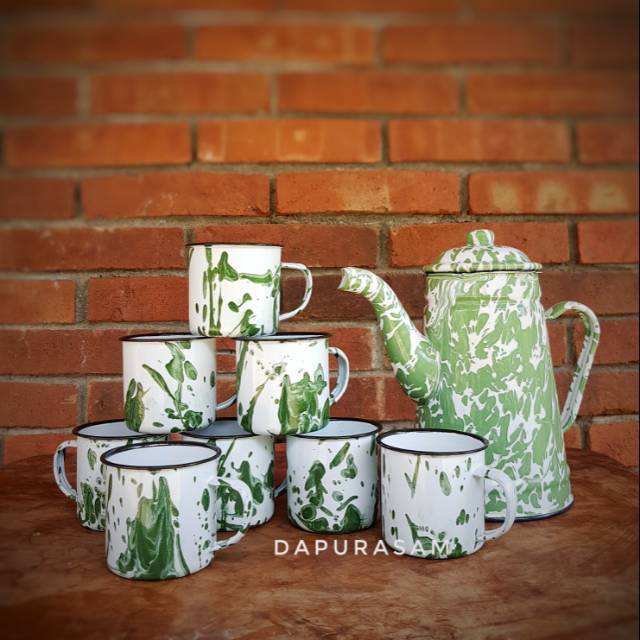SET Teko Lurik Tinggi + 8pcs Gelas 7cm Enamel blek seng cangkir kopi